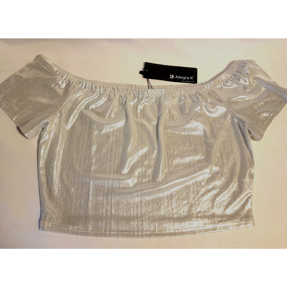 Allegra K Women's Silver Party Off Shoulder Crop Top NWT Shiny Shimmering